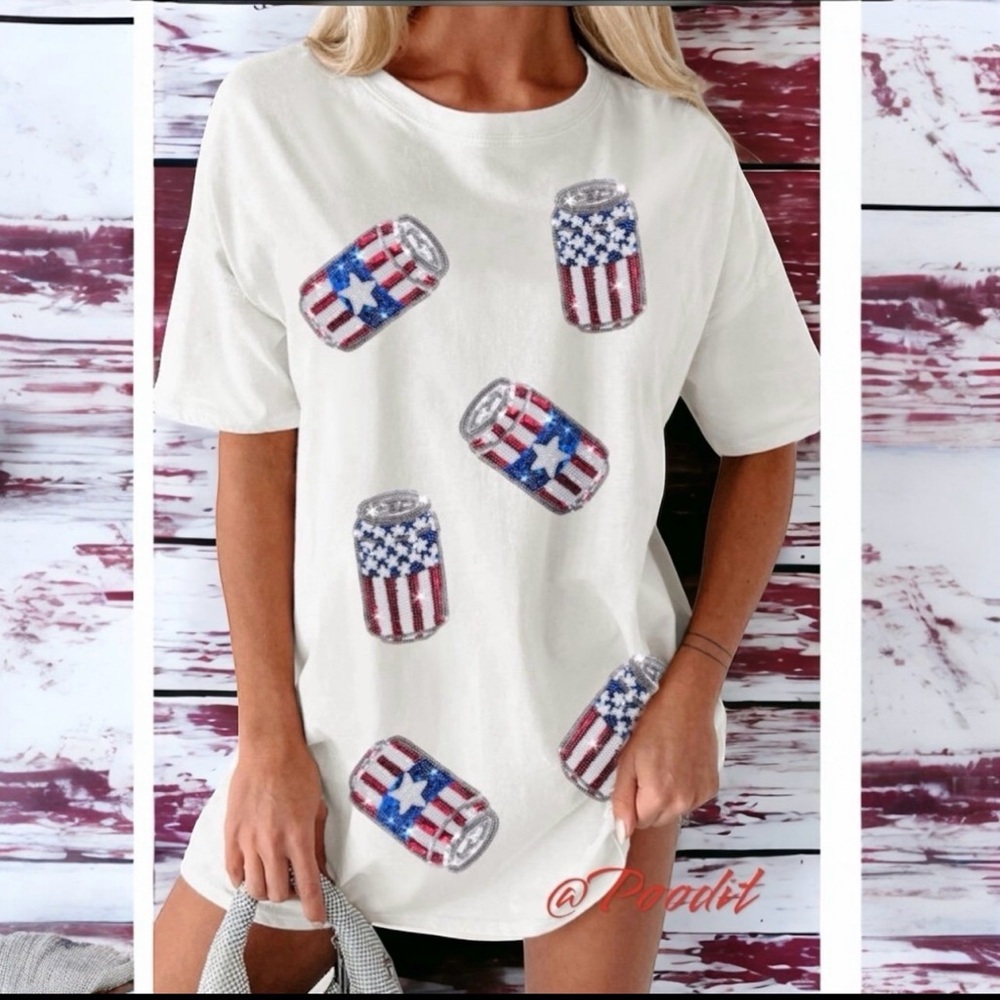 POODIT patriotic sequin beverage white oversized tunic tee S M L XL